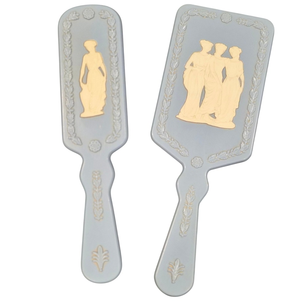 Vintage Avon Powder Blue Grecian Cameo Hand Mirror and Hair Brush Vanity Set